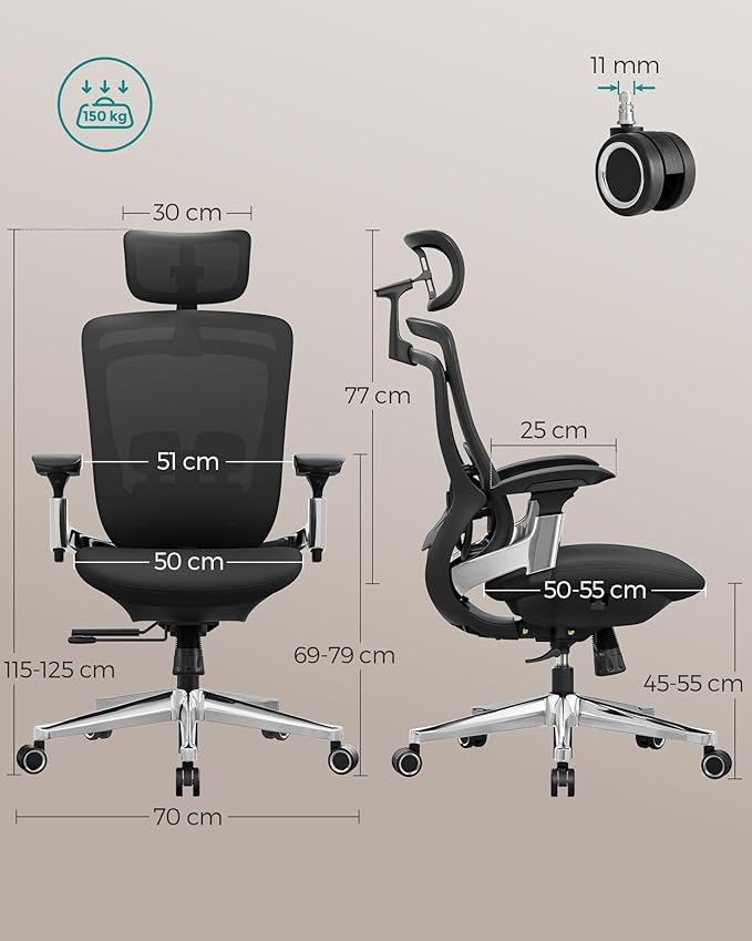 Ergonomischer Bürostuhl Ergo Elite 2.0 – stufenlos verstellbar – 6-teilige TPR-Lendenwirbelstütze – Tragkraft bis 150 kg