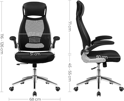 Ergonomischer Bürostuhl Schwarz – Mit Netzrückenlehne, Kopfstütze & klappbaren Armlehnen – Bis 150 kg belastbar