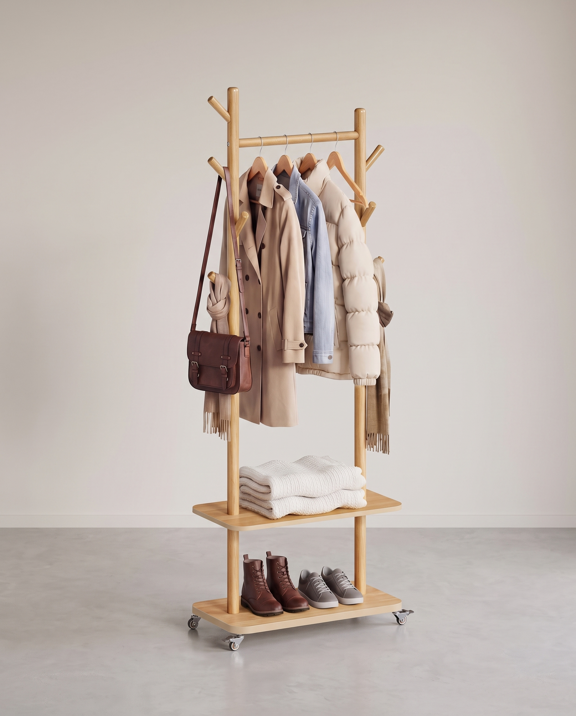 Garderobenständer aus Massivholz auf Rollen – 7 Haken, Kleiderstange & 2 Ablagen – 178 cm