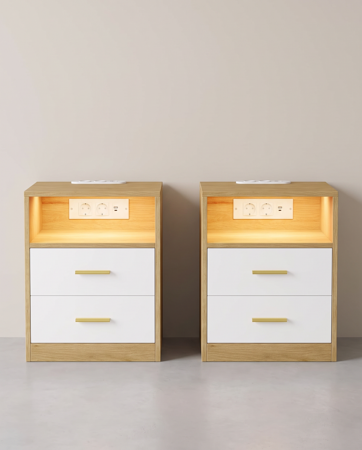 Nachttisch mit Ladestation und LED-Beleuchtung – Custos Kollektion – 2 Schubladen – einzeln oder 2er-Set