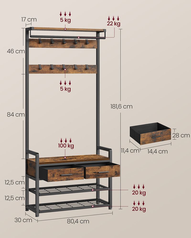Garderobe mit Schuhregal, Schubladen und Kleiderstange – 6-in-1 Flurmöbel