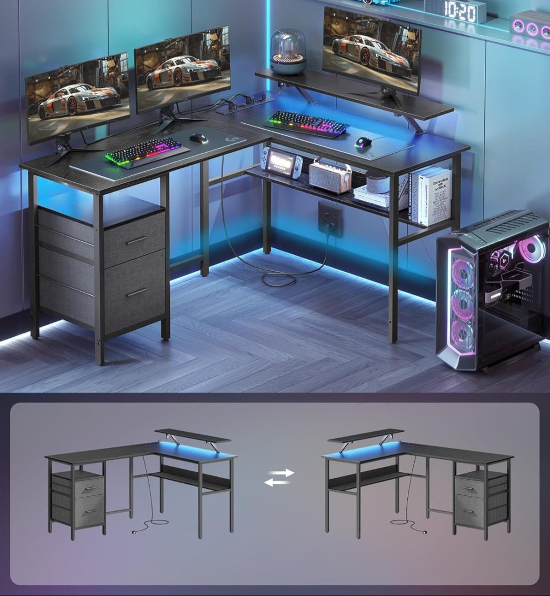 L-förmiger Eckschreibtisch mit LED-Beleuchtung und Steckdosen - USB-Anschlüssen - Gaming-Schreibtisch