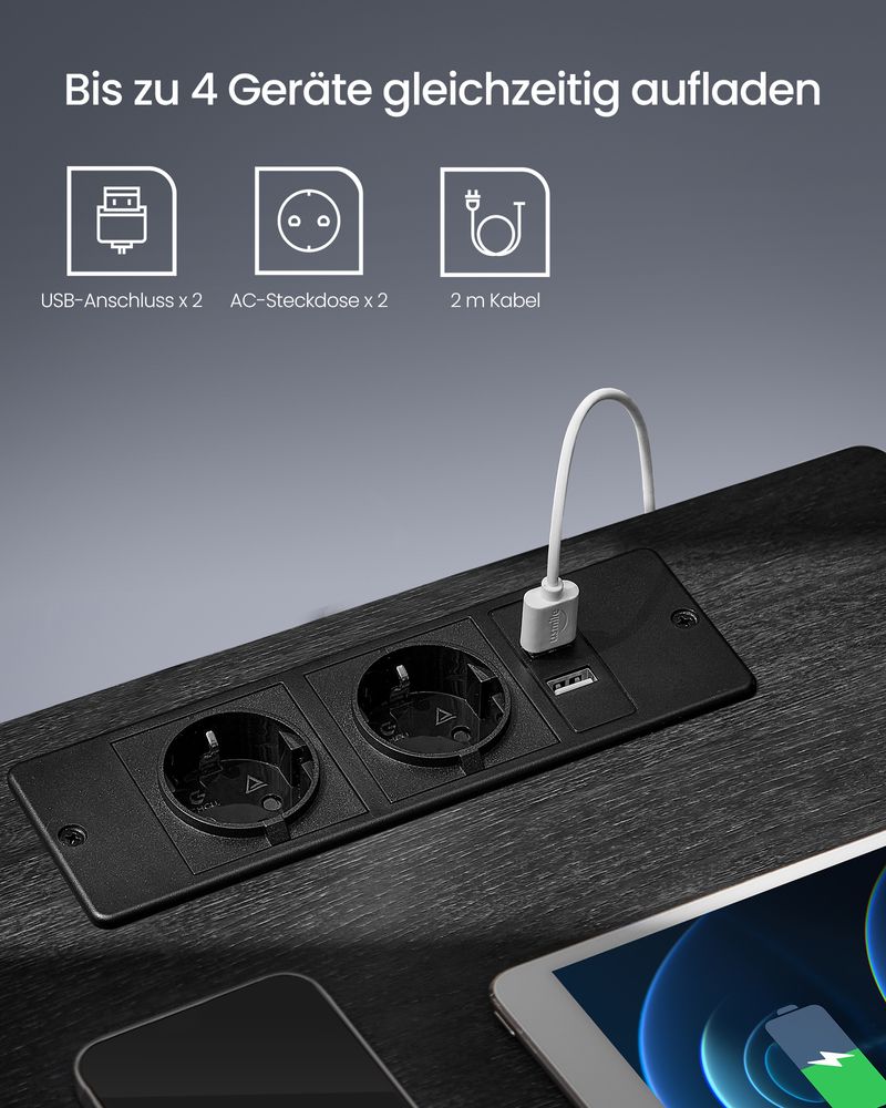 Moderner Nachttisch mit LED-Beleuchtung und Steckdosen - USB-Anschluss