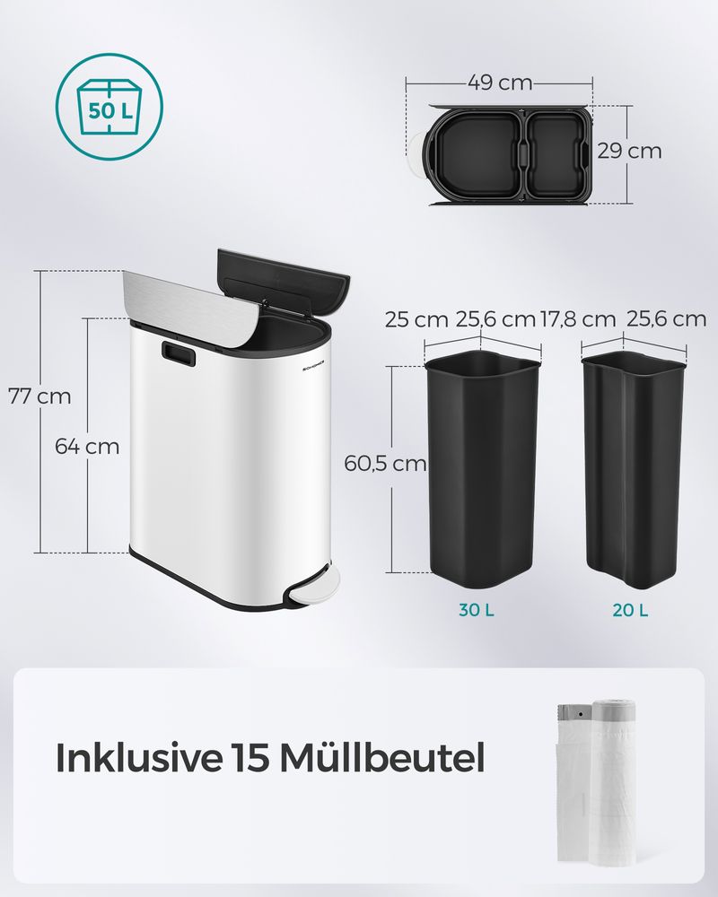 Treteimer mit 2 Fächern 50L - Abfalleimer