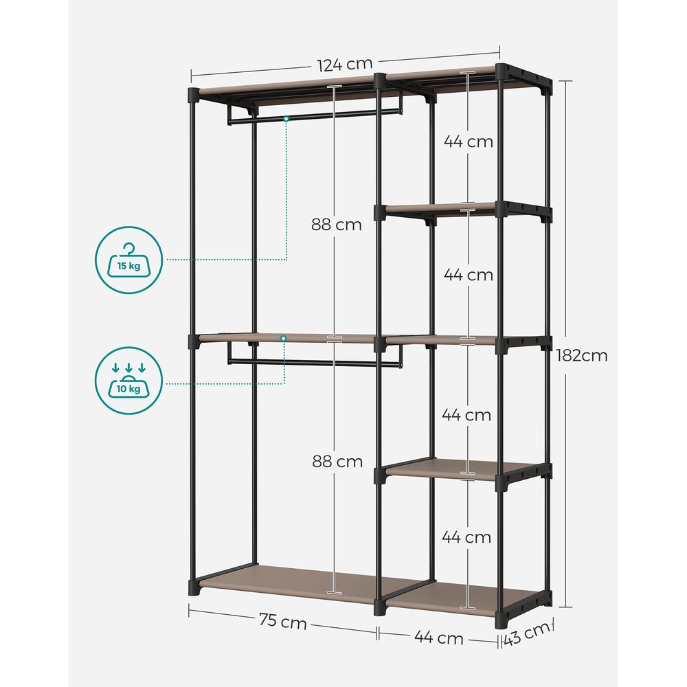 Praktischer Stoffkleiderschrank mit Kleiderstangen und Ablageflächen