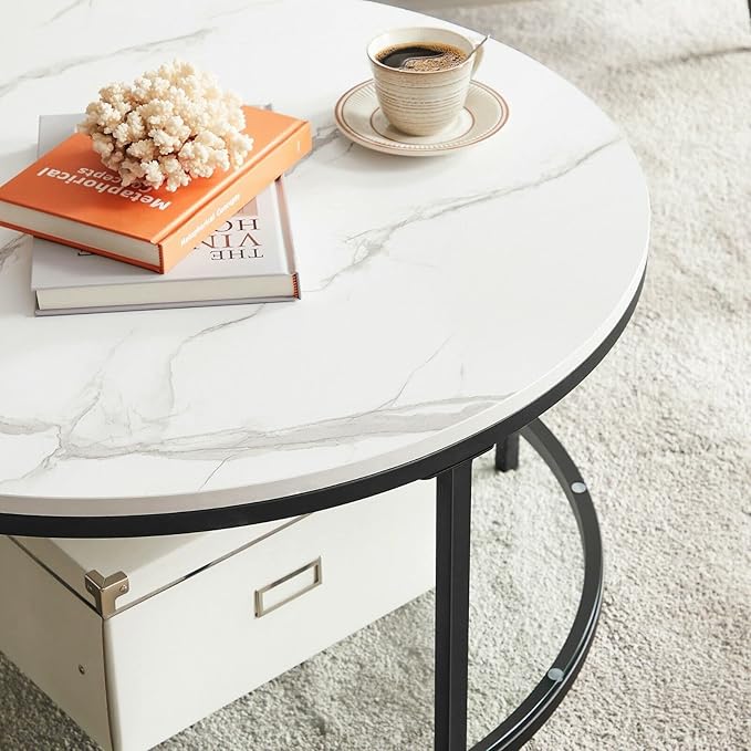 Couchtisch mit Tischplatte in Marmoroptik – Glasplatte – doppelte Stellfläche