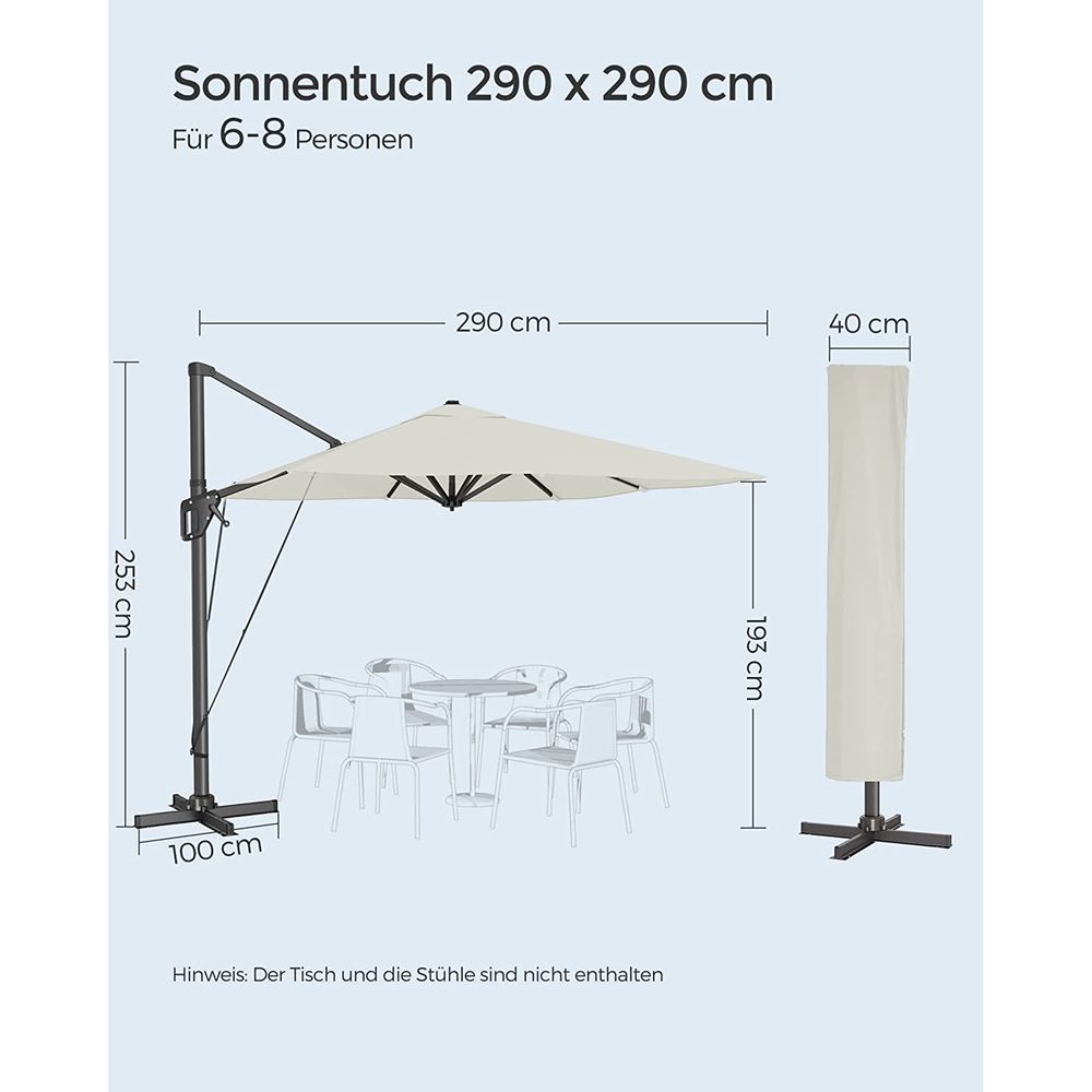 Ampelschirm 290 x 290 cm - Stufenlos verstellbar - Neigbar und 360° Drehfunktion