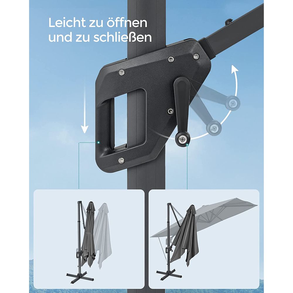 Freiarm-Sonnenschirm 290 x 290 cm – 360° drehbar – Neigungswinkel verstellbar – UPF 50+ – mit Ständer und Schutzhülle